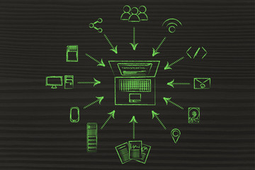 Fototapeta premium laptop downloading files from cloud computing services and other