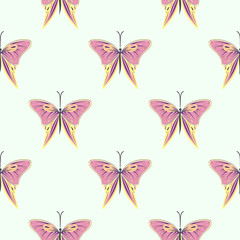 Seamless vector pattern with insects, symmetrical background with colorful butterflies over light backdrop