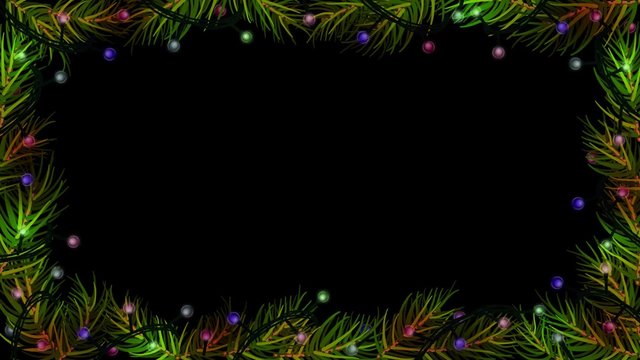 Animation of Christmas color lights with spruce (fir) branches on black background. Border
