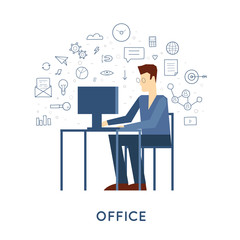 Doodle Businessman character sitting at the desk in the office vector illustration. Flat design.