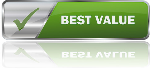 BEST VALUE / realistic modern glossy 3D vector eps banner in green with metallic border and checkmark