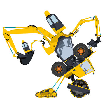 Bizarre machine robot build from ground works yellow vehicles Construction and Equipment for building Truck Digger Crane Forklift Small Bagger Mix Roller Extravator Transportation - Master vector