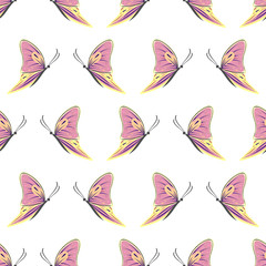 Seamless vector pattern with insects, symmetrical background with colorful butterflies over light backdrop