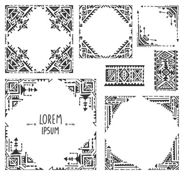 Set of five borders with tribal art boho hand drawn patterns
