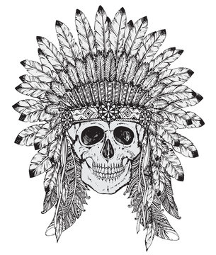Hand drawn vector illustration of Indian headdress with skull