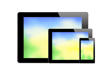 Black Touch Screen Tablets with bright screen isolated on white