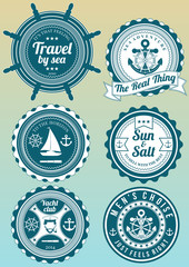 Set of beautiful colored yacht club and sea theme round badges isolated on gradient background. Collection of elements for company logos, print products, page and web decor or other design.