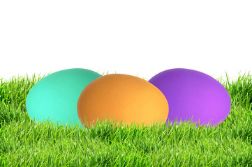Colorful Easter Eggs in green grass isolated on white