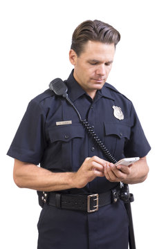 Police officer using cell phone