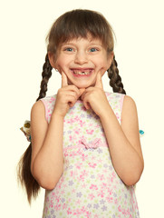 lost tooth girl portrait, studio shoot on white background