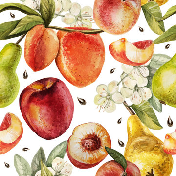 Watercolor Pattern with  pears, peaches and flowers