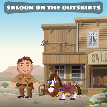 Saloon on the outskirts of town, cowboy and his horse