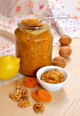 Homemade vitamin jam with honey, nuts, dried apricots and a lemo