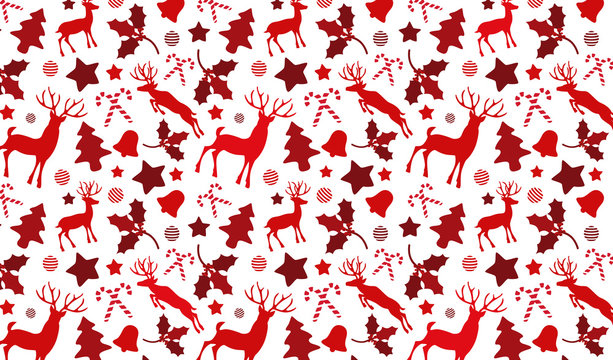 Christmas pattern background with  reindeer and holly, bell, can