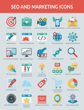 SEO and Marketing icons. Thirty original flat icons marketing and seo. Use them for your business.