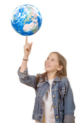 smiling little girl with globe isolated on white background