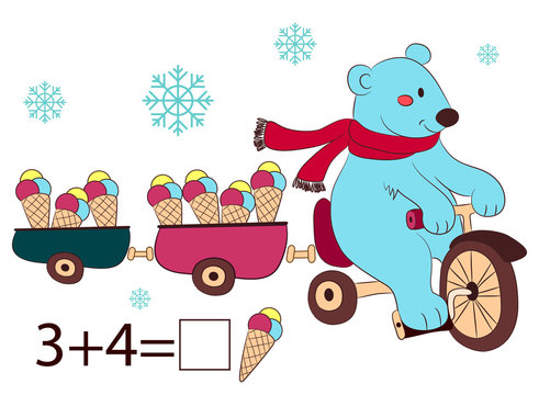 polar bear on bike and ice cream, kids layout for game. Vector illustration.