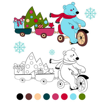 Coloring book polar bear on bike with new year tree and gifts , kids layout for game . Vector illustration.