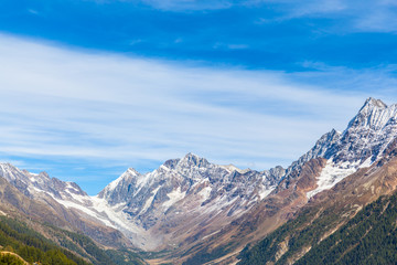 Fototapeta na wymiar Peaks of swiss alps above the Loetschental Valley