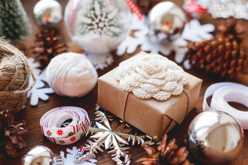 Christmas and New year background with presents, ribbons, balls and other decorations.