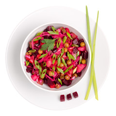 Top view of  beetroot salad Russian Vinaigrette or Vinegret in a