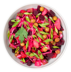 Top view of  beetroot salad Russian Vinaigrette or Vinegret in a