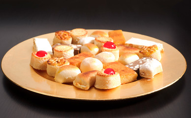golden tray with marzipan Christmas