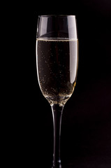 A glass of champagne on black background
