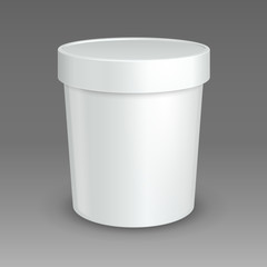 White Mock Up Bucket Tub Food Plastic Container For Dessert, Yogurt, Ice Cream, Sour Cream Or Snack. Ready For Your Design. Product Packing Vector EPS10 