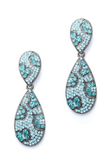 blue earrings in the form of drops on a white background