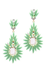 Green earrings inlaid with precious stones on a white background