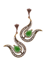 Gold earrings in the form of harps  inlaid with  gemstones on a