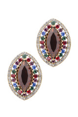 Gold earrings inlaid with  gemstones on a white background
