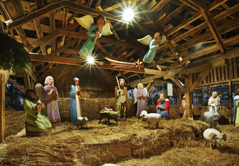 Nativity scene on Small Market square in Torun.  Poland  - obrazy, fototapety, plakaty