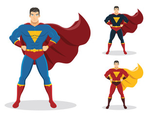 Superhero standing with cape waving in the wind. On the right are 2 additional versions. No gradients used. - 98280025