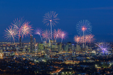 Fireworks over Brisbane City from Mount Coot-tha. Queensland, Au