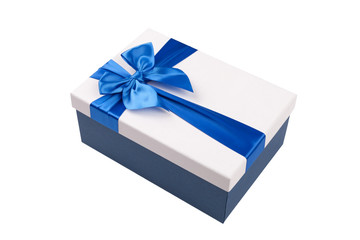 White gift Box with blue ribbon Isolated on white background.