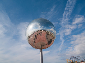 The worlds biggest glitter ball next to the pleasure beach in lancashire, england