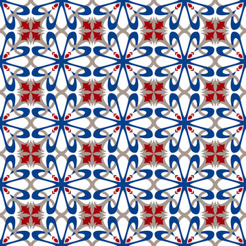 Seamless background image of vintage cross blue heart kaleidoscope pattern.
