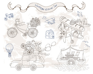 Obraz premium Vintage set with old transport and travel theme