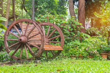 Benches in green grass at park outdoor