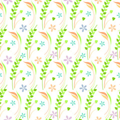Seamless vector pattern, green floral symmetrical background with leaves and flowers