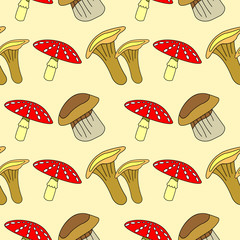 Seamless vector pattern with vegetables, background with closeup mushrooms: fly agaric, chanterelle and porcini mushrooms