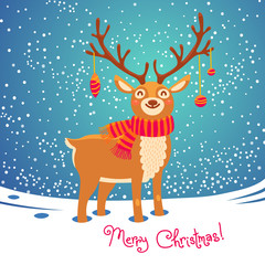 Christmas card with reindeer. Cute cartoon deer. Vector illustration