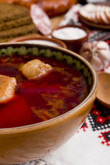 Pieces of meat in the borscht soup