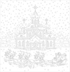 Flying magic reindeers and Santa Claus with a sack of gifts in his sleigh on a snowy Christmas eve, a black and white vector illustration