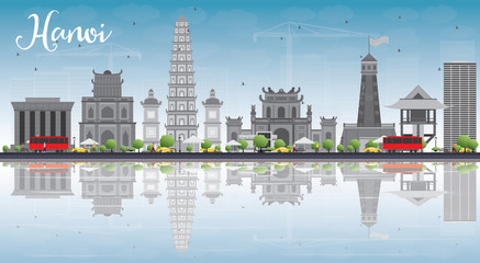 Hanoi skyline with grey Landmarks, blue sky and reflections. Some elements have transparency mode different from normal.