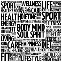 Body Mind Soul Spirit word cloud background, health concept