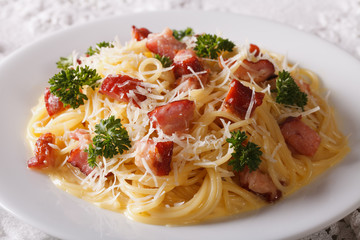 Pasta carbonara with parmesan and herbs closeup on a plate. horizontal
