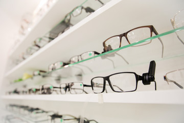 close up of eyeglasses at optician